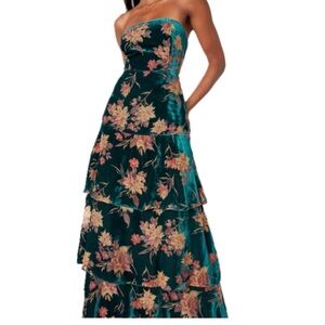 Lulu's Teal Floral Velvet Strapless Maxi Dress